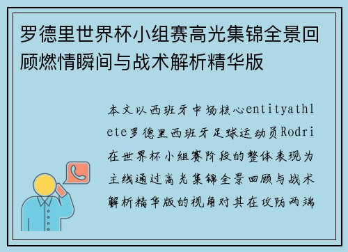 罗德里世界杯小组赛高光集锦全景回顾燃情瞬间与战术解析精华版
